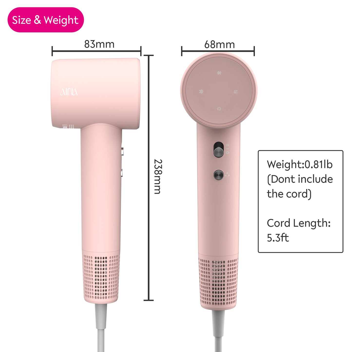 AINA Hair Dryer, Blow Dryer (2000WE) - Brushless High Speed Motor, 110,000 RPM Lightweight, Ionic Travel(Baby Pink)