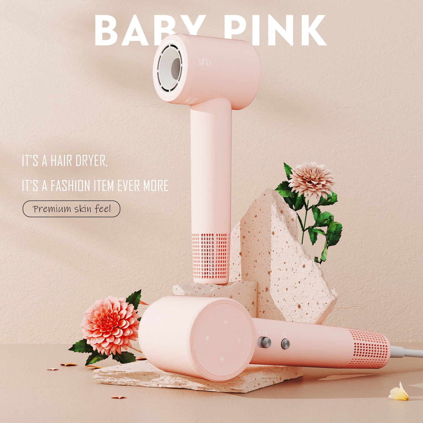 AINA Hair Dryer, Blow Dryer (2000WE) - Brushless High Speed Motor, 110,000 RPM Lightweight, Ionic Travel(Baby Pink)